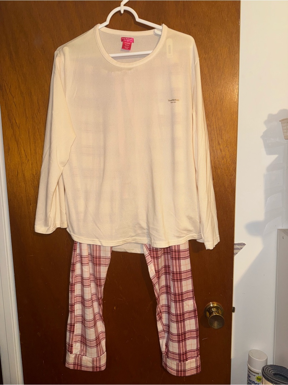 Isaac Mizrahi Cream Long-Sleeve Top with Pink Plaid Pajama Pants Set